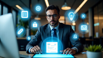 a business person using modern e-invoice technology and financial technology for financial management is suitable for a variety of business and technology promotion scenarios