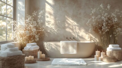 Modern minimalist bathroom with bathtub and dried plants creating relaxing atmosphere