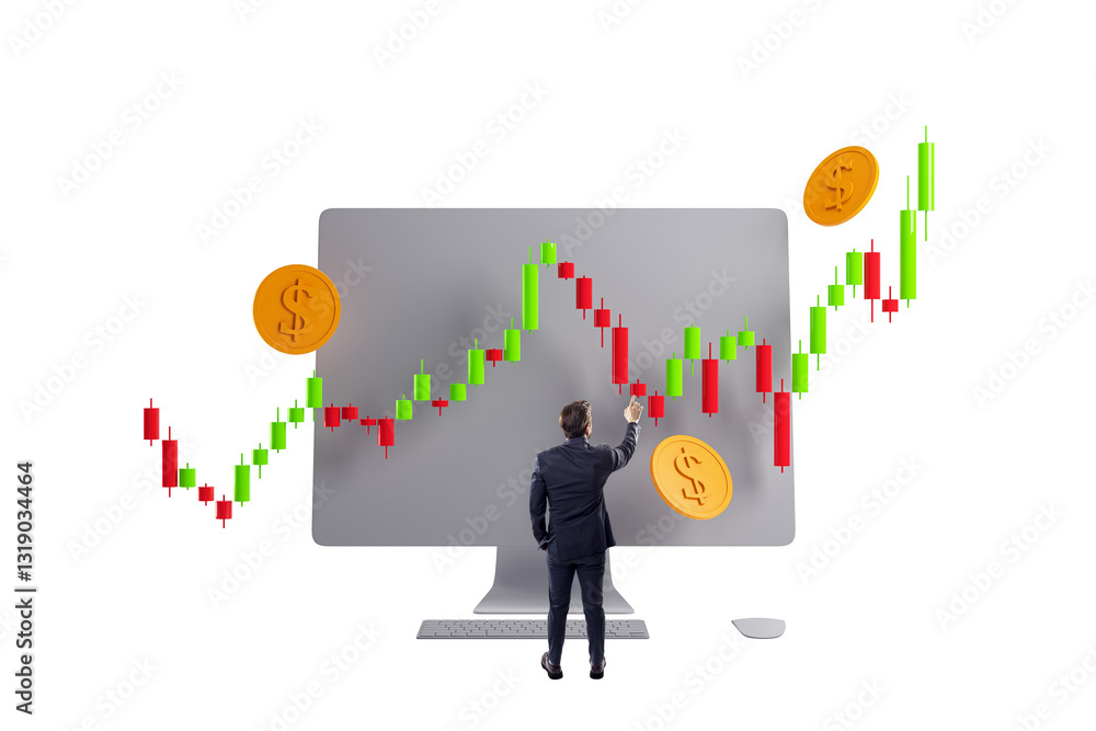 Poster businessman in suit interacting with financial candlestick chart on a computer screen with dollar co
