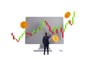 Businessman in suit interacting with financial candlestick chart on a computer screen with dollar coins, on white background, concept of investment growth