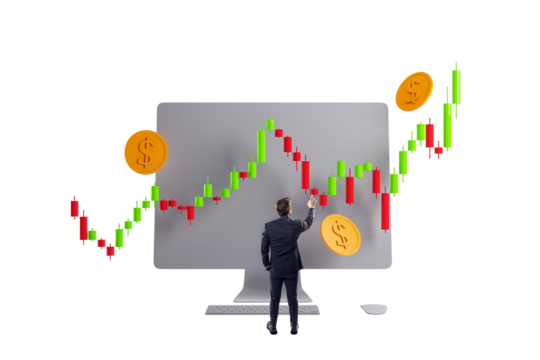 Businessman in suit interacting with financial candlestick chart on a computer screen with dollar coins, on white background, concept of investment growth