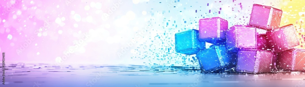 Poster digital wallet concept colorful abstract cubes with a splash effect on a vibrant background.