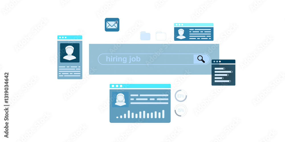 Poster hiring job search interface showing user profile elements, analytics, and email icons on a white bac