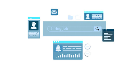 Hiring job search interface showing user profile elements, analytics, and email icons on a white background. Concept of online recruitment process. 3D Rendering.