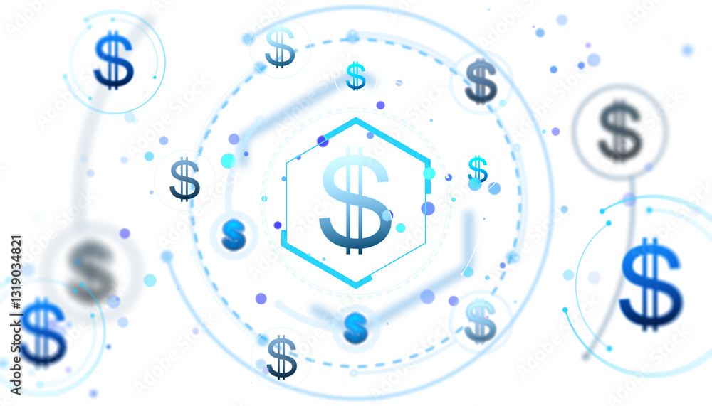Aufkleber Digital dollar symbols in a futuristic abstract layout with glowing elements on a white background. Concept of virtual currency and financial exchange. 3D Rendering.