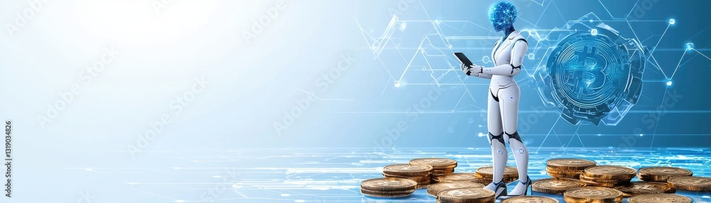 Aufkleber digital wallet concept futuristic robot interacting with technology in a digital landscape.