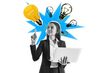 Woman in suit holding laptop, pointing at large glowing lightbulb with creative sketch elements on white background, symbolizing innovation and ideas