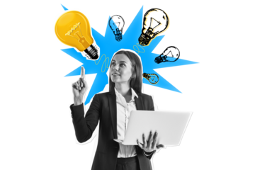 Woman in suit holding laptop, pointing at large glowing lightbulb with creative sketch elements on white background, symbolizing innovation and ideas