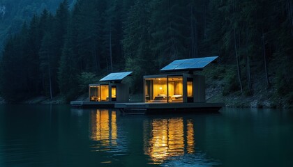 Fototapeta premium Lakefront Eco Cabins at Dusk with Solar Panels and Forest View