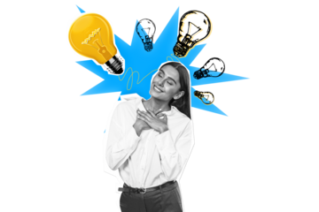 Smiling businesswoman in white shirt with hands on chest, surrounded by glowing lightbulbs on a white background. Concept of creativity and ideas