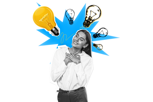 Smiling businesswoman in white shirt with hands on chest, surrounded by glowing lightbulbs on a white background. Concept of creativity and ideas