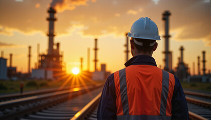 Construction worker in reflective gear observing sunset over industrial landscape for blogs, websites, safety training, construction materials, and environmental awareness campaigns -
