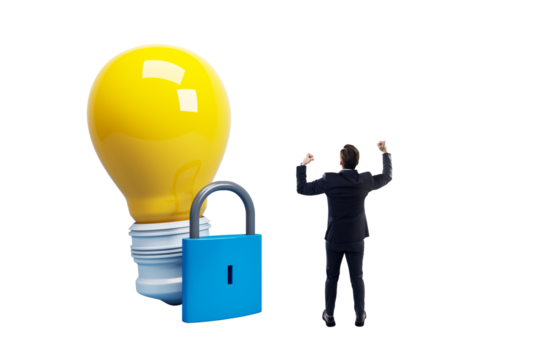 Businessman raising arms in victory beside a locked yellow lightbulb symbolizing secured ideas or intellectual property on a white background
