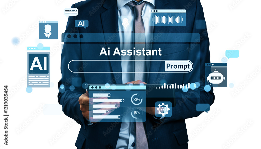 Poster Business professional using AI assistant on digital tablet with futuristic interface elements. 