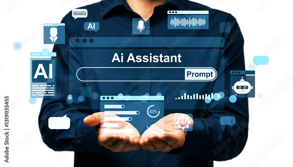 Poster man in dark shirt holding ai assistant holographic interface with digital icons on white background.