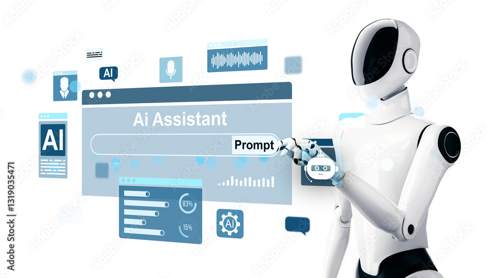 Aufkleber Futuristic humanoid robot interacting with AI assistant interface in a digital environment. 3D Rendering
