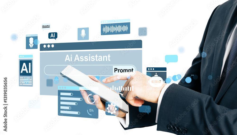 Poster businessperson using a digital tablet with ai assistant interface and futuristic icons on a white ba