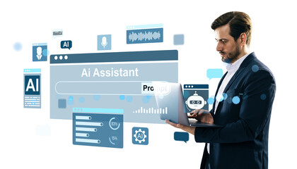Businessman using laptop with AI assistant interface, chatbot, and analytics icons. Digital...