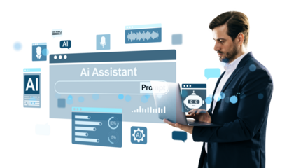 Businessman using laptop with AI assistant interface, chatbot, and analytics icons. Digital elements floating on white background. Technology concept