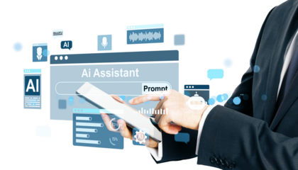 Businessperson using a digital tablet with AI assistant interface and futuristic icons on a white background. 