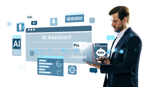 Businessman using laptop with AI assistant interface, chatbot, and analytics icons. Digital elements floating on white background. Technology concept