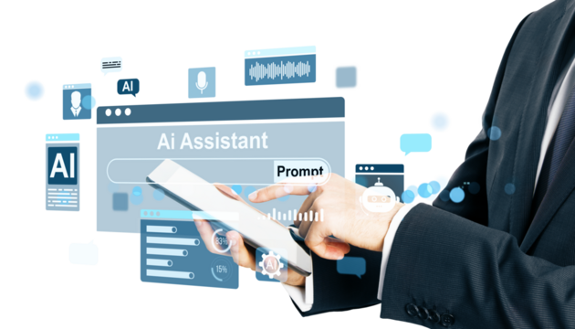 Businessperson using a digital tablet with AI assistant interface and futuristic icons on a white background. 