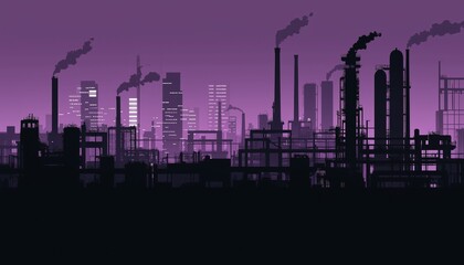 Fototapeta premium Industrial Skyline at Dusk Factories and Cityscape Silhouette, Purple Sky