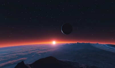 Alien planet sunrise with a dark moon.