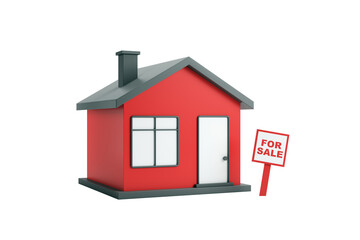 Red house with a For Sale sign, 3D rendering, isolated on white background. Concept of real estate, mortgage, and home selling