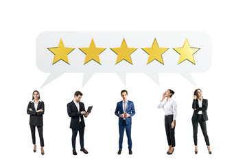 Business professionals with five-star rating speech bubbles above them, standing isolated on a...