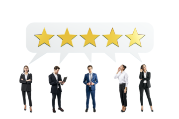 Business professionals with five-star rating speech bubbles above them, standing isolated on a white background. Concept of feedback and evaluation