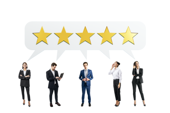Business professionals with five-star rating speech bubbles above them, standing isolated on a white background. Concept of feedback and evaluation
