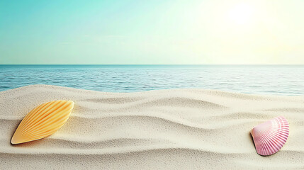 Obraz premium Two seashells resting on a sandy beach with the ocean and a sunny light blue sky in the background.