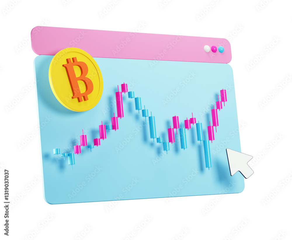 Fototapete Bitcoin coin with a trading chart on a web interface, isolated on a white background. 3D Rendering. Concept of cryptocurrency investment