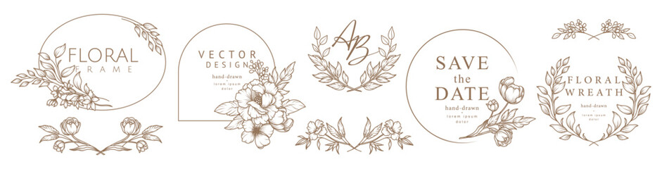 Hand drawn luxury floral borders, frames, wreaths with flowers and leaves. Trendy green logo elements in line art style. Vector set for wedding invitation, save the date cards, labels, monograms © Victory