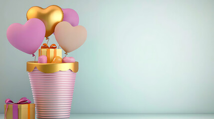 Heart-shaped balloons and gifts arranged in a pink container creating a celebratory and cheerful 3D rendering.
