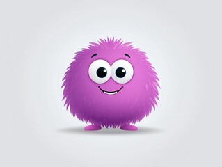 Fototapeta premium Cute purple furry character with big eyes, smiling happily in a minimalistic background