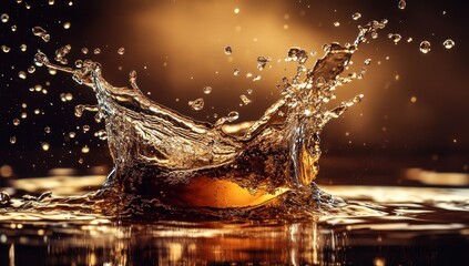 Amber liquid splash with droplet crown.