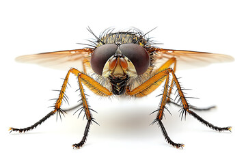 Fototapeta premium Extreme close-up of a fly with spiky legs large compound eyes and delicate wings set against a bright clean white background..