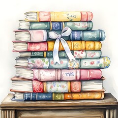 Stacked Books Enhanced with Artistic Bow Illustration for Reading Enjoyment and Literary Appreciation