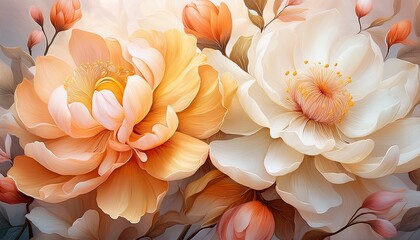 Close-up of a painting depicting delicate peach, white, and yellow flowers. art