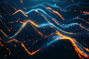 Dynamic abstract digital wave with neon lines and particles on deep blue background
