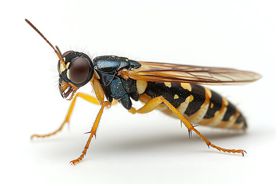 Striking macro shot of a sawfly with black and yellow stripes iridescent blue details and intricate leg structure.