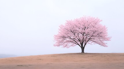 A beautiful blossoming tree stands on a gentle grassy hillside