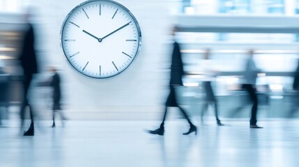Busy urban scene with blurred pedestrians, large wall clock displaying time, modern interior space conveying movement and urgency.