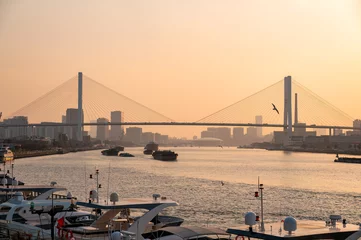 The scenery of Huangpu River and Nanpu Bridge in Shanghai at dusk