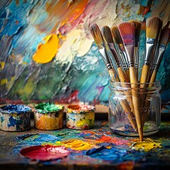 Fototapeta premium Artist's paintbrushes in jar, paints, palette, studio