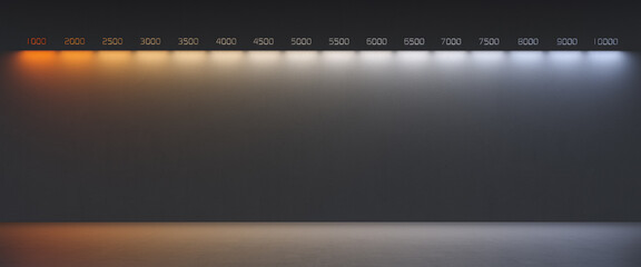 Line of color temperatures of light sources in Kelvin on a dark background