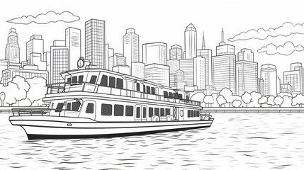 Fototapeta premium Yacht moored in urban harbor, line art style. AI generated