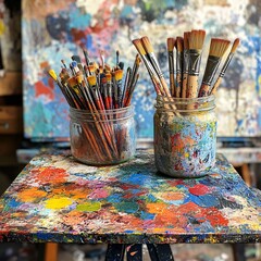 Fototapeta premium Artist's paintbrushes in jars on a messy palette